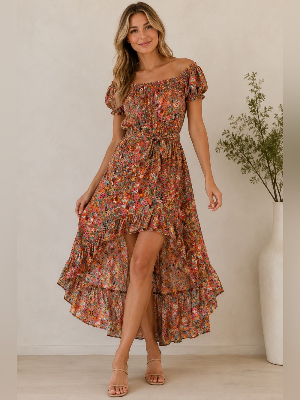 Nine West Floral High Low Off Shoulder Dress Size Small